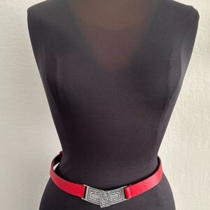 CHICO’S Vintage Cherry Red Leather Belt Pewter Buckle Aztec Adjustable